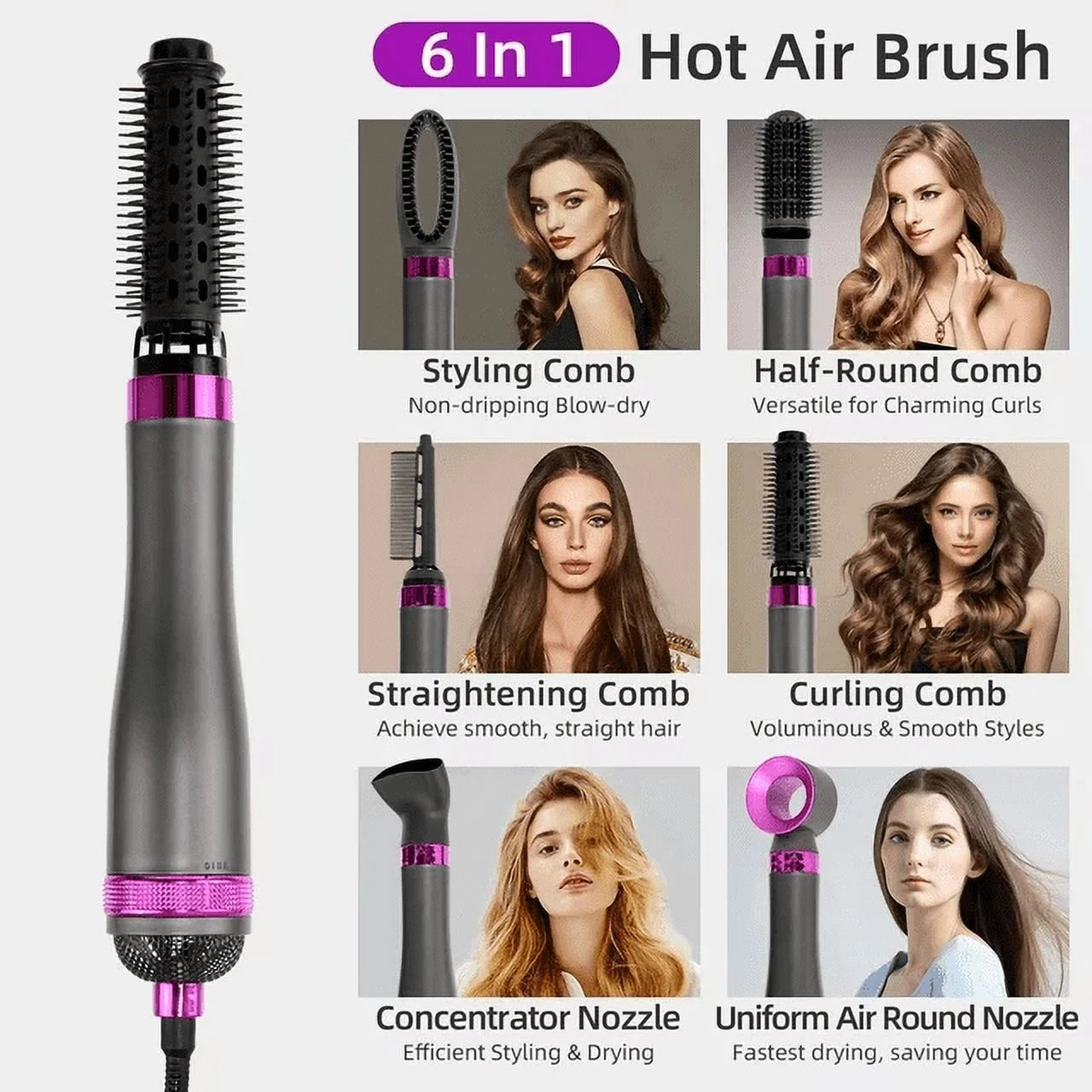 6 in 1 Hair Dryer Brush,Detachable Multi-Head Blow Dryer, 57℃ No Heat Damage Hair Volumizer,One-Step Hot Air Brush for Straightening,Curling,Drying,Multifunctional Hair Dryer Styling Tool