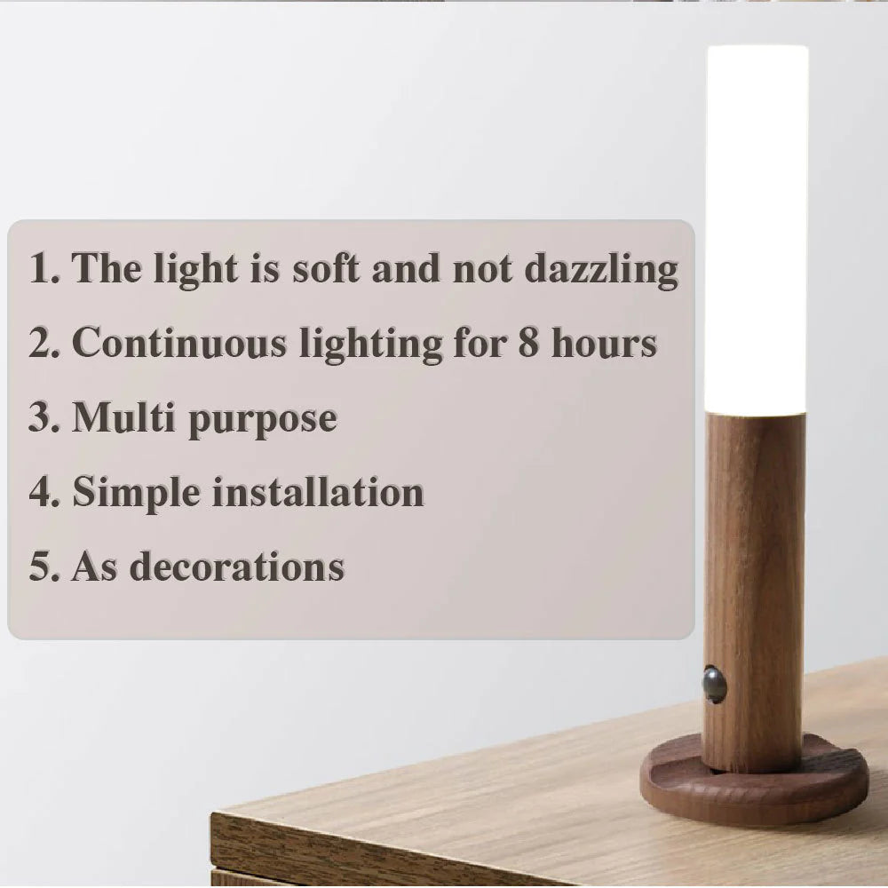 Magnetic Motion Sensor LED Night Light – USB Rechargeable Wooden Wall Lamp for Bedroom, Hallway, and Cabinet Lighting
