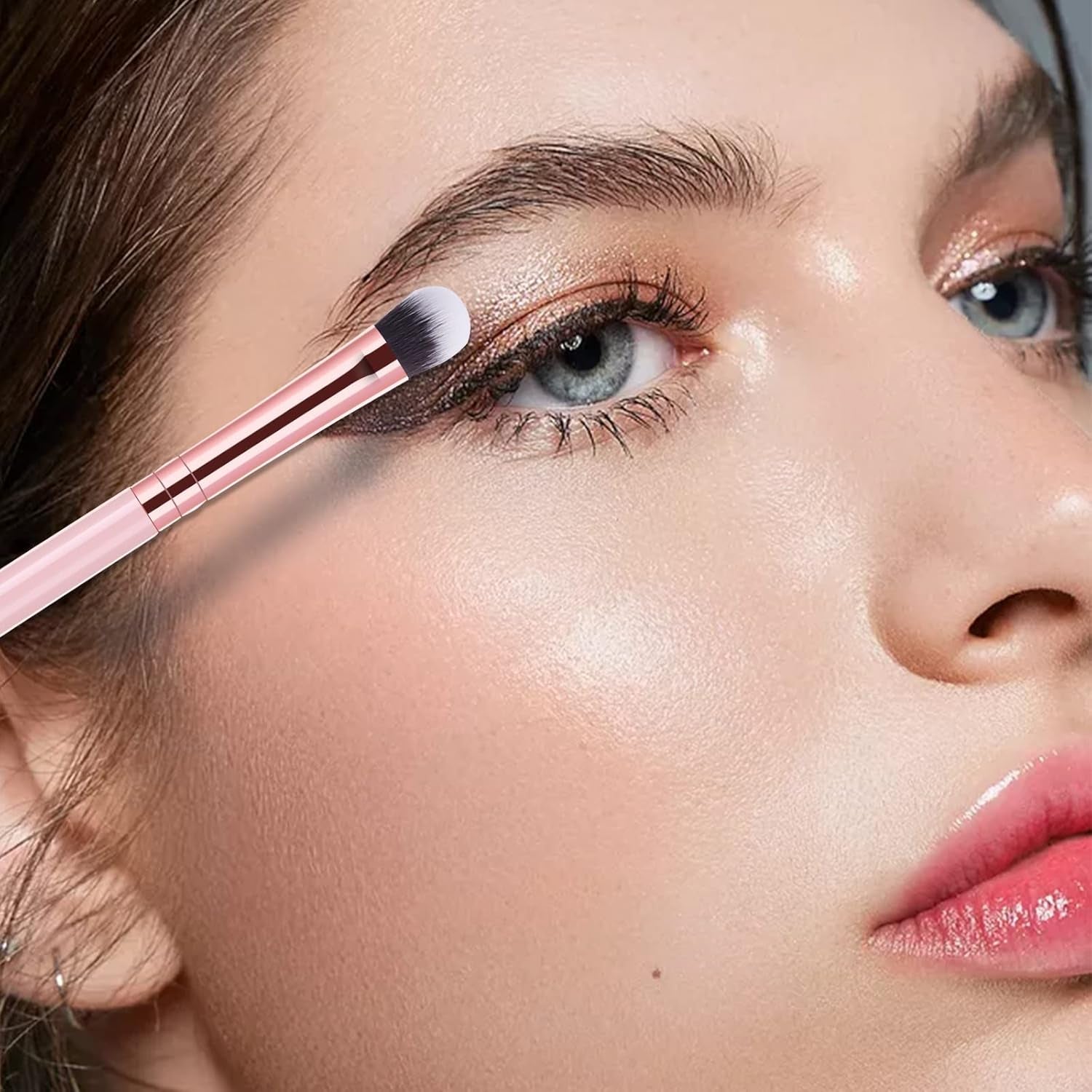 Stipple Blush Brushes, 2PCS Duo Fiber Stippling Brush and Eye Makeup Brushes 12Pcs Eyeshadow Makeup Brushes Pink