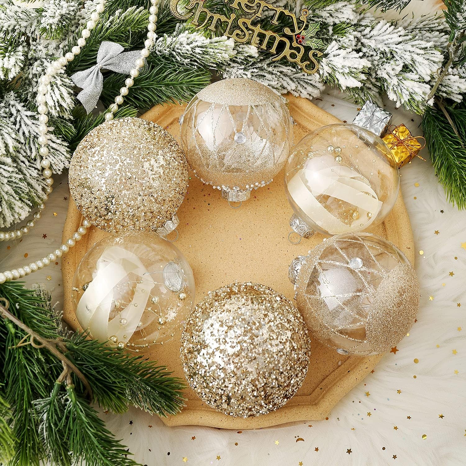 Christmas Ball Ornaments Set, Shatterproof Christmastree Decorations,6Ct Large Plastic Hanging Ornaments,100Mm/4,Champagne Gold