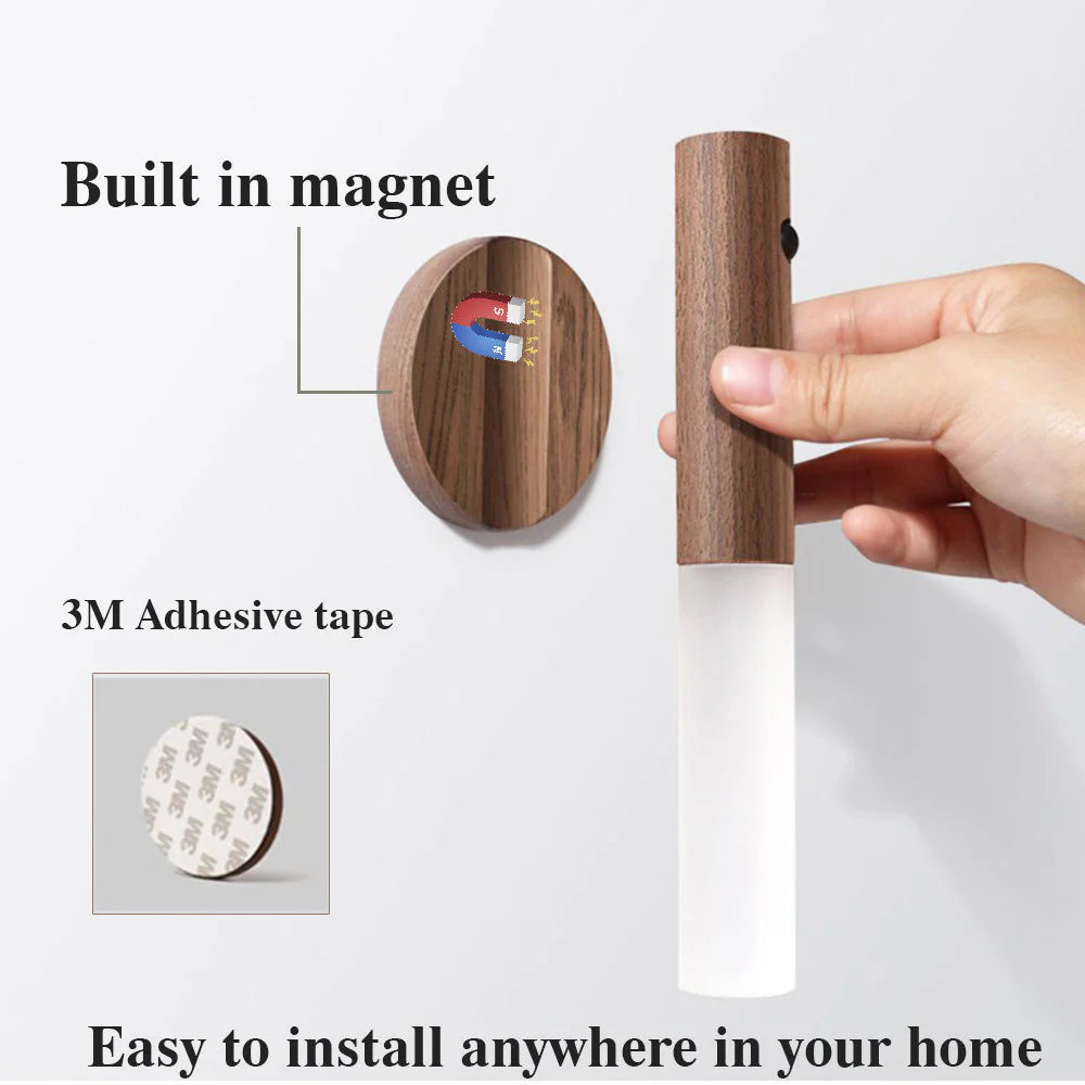 Magnetic Motion Sensor LED Night Light – USB Rechargeable Wooden Wall Lamp for Bedroom, Hallway, and Cabinet Lighting
