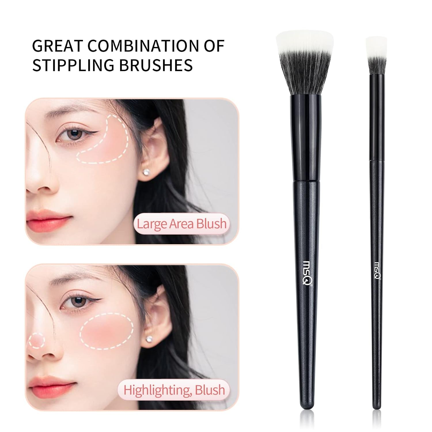 Stipple Blush Brushes, 2PCS Duo Fiber Stippling Brush and Eye Makeup Brushes 12Pcs Eyeshadow Makeup Brushes Pink