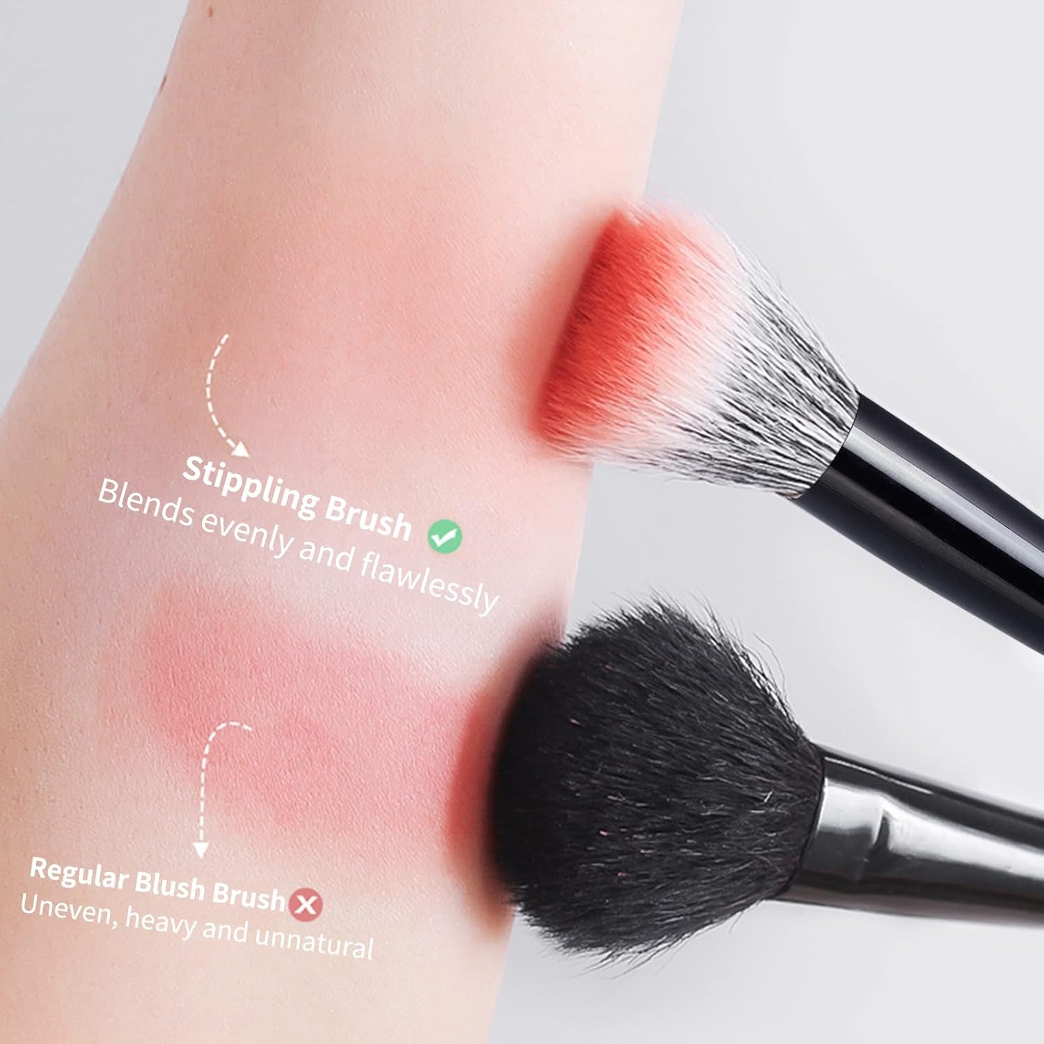 Stipple Blush Brushes, 2PCS Duo Fiber Stippling Brush and Eye Makeup Brushes 12Pcs Eyeshadow Makeup Brushes Pink