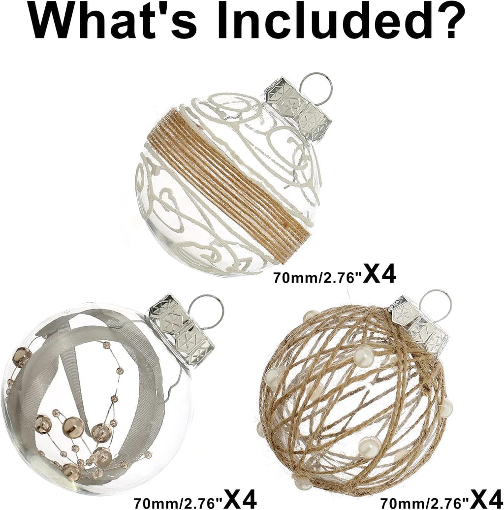 Christmas Ball Ornaments Set, Farmhouse Rustic Christmastree Decorations,12Ct Large Shatterproof Plastic Hanging Ornaments, 70Mm/2.76", Beige