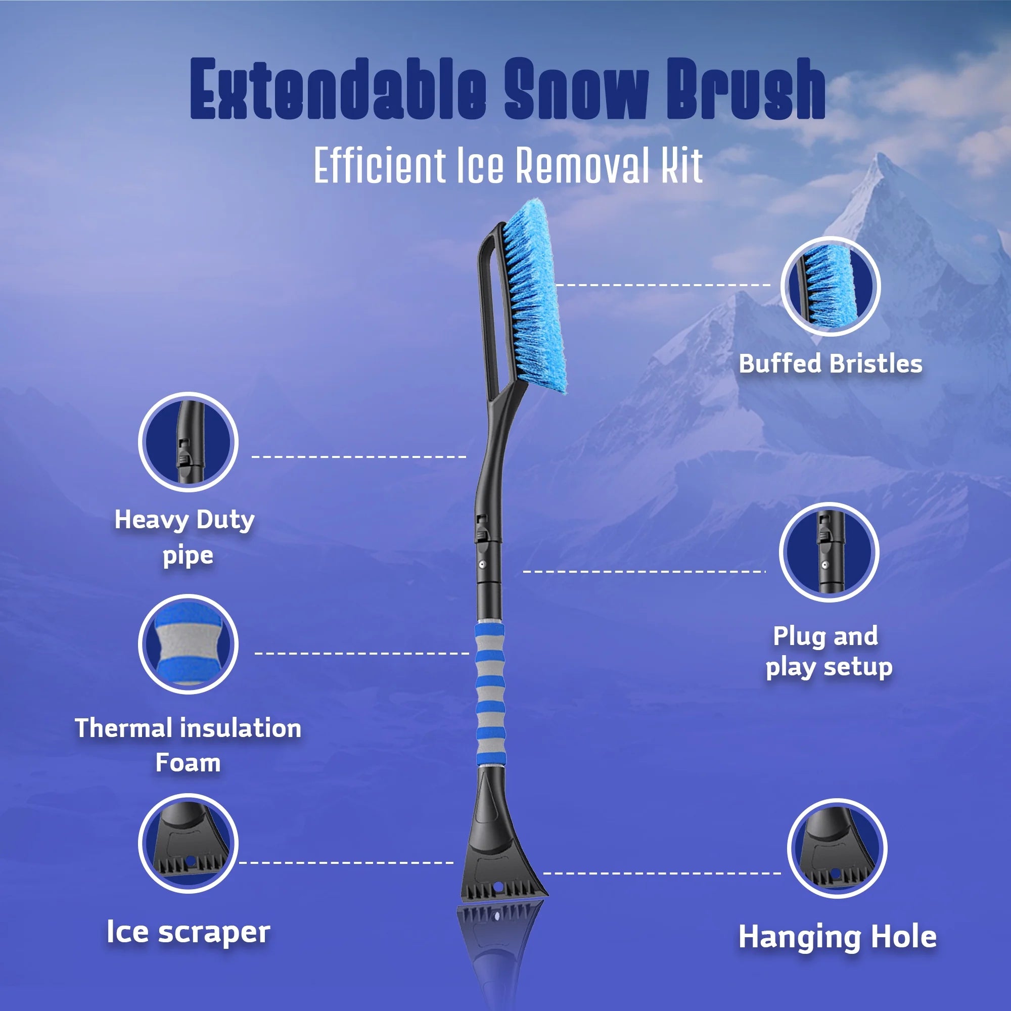 32" Inch Snow Scraper, Extendable Car Windshield Snow Brush, Ice Scraper, Broom with Ergonomic Foam Grip for Cars, Trucks, Suvs (Large)