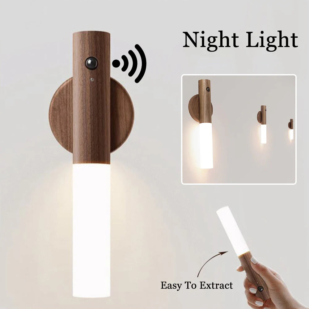 Magnetic Motion Sensor LED Night Light – USB Rechargeable Wooden Wall Lamp for Bedroom, Hallway, and Cabinet Lighting