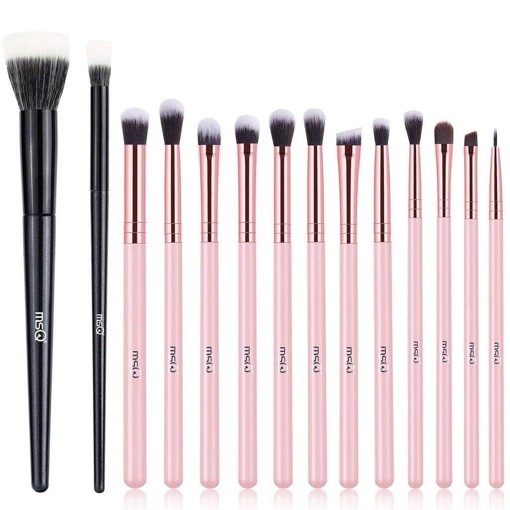 Stipple Blush Brushes, 2PCS Duo Fiber Stippling Brush and Eye Makeup Brushes 12Pcs Eyeshadow Makeup Brushes Pink