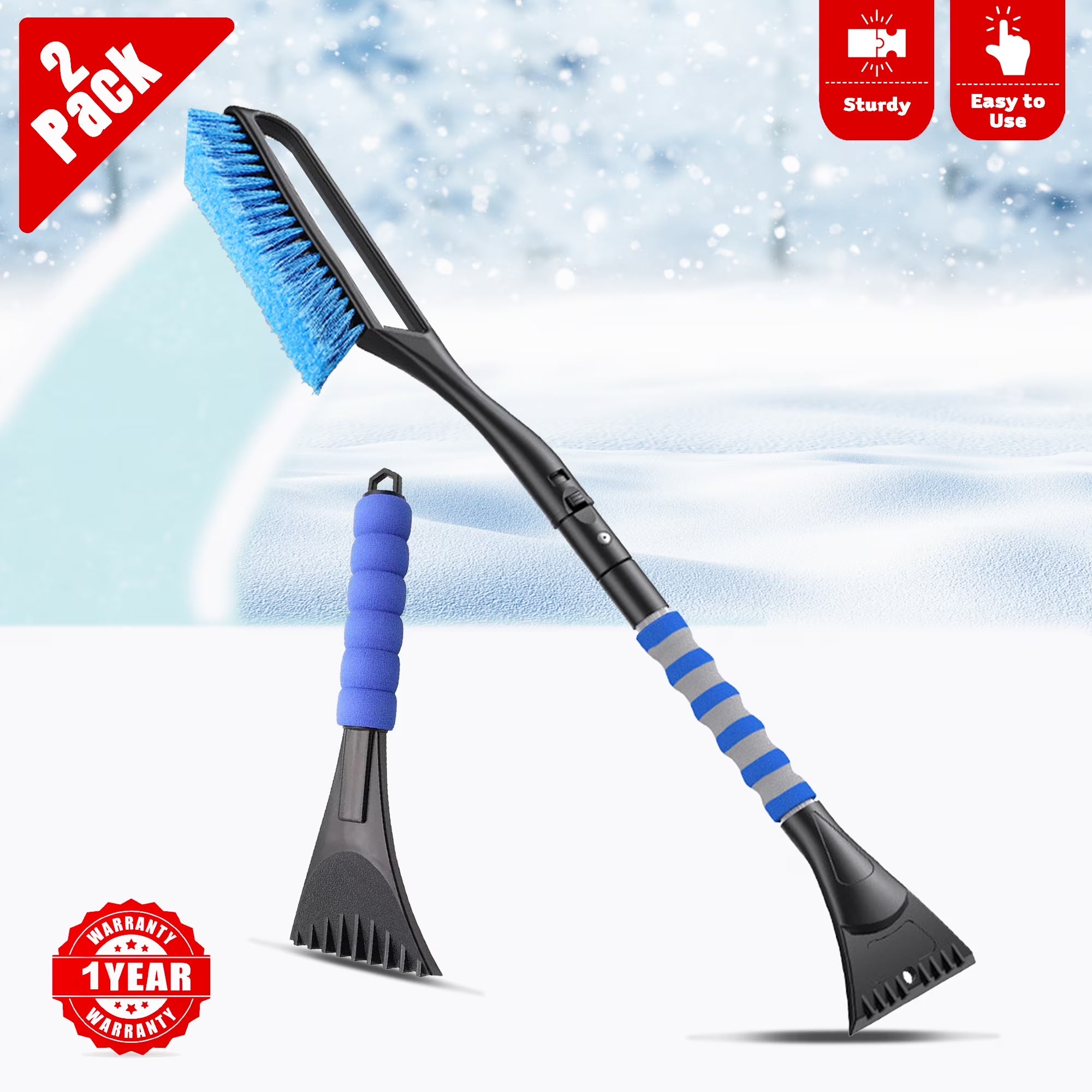 32" Inch Snow Scraper, Extendable Car Windshield Snow Brush, Ice Scraper, Broom with Ergonomic Foam Grip for Cars, Trucks, Suvs (Large)